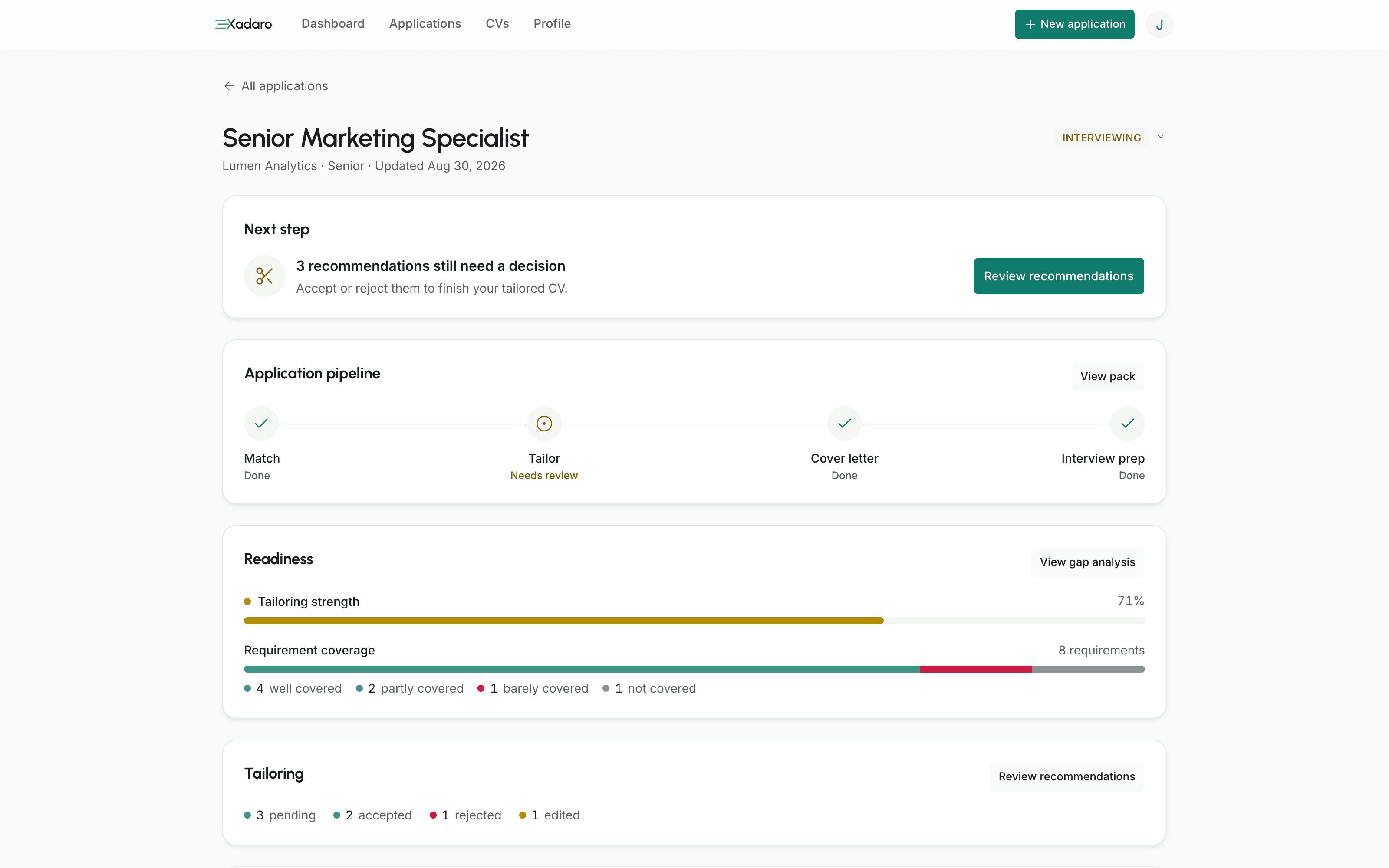One application open, showing its stage in the pipeline, how ready it is, and the documents it has produced