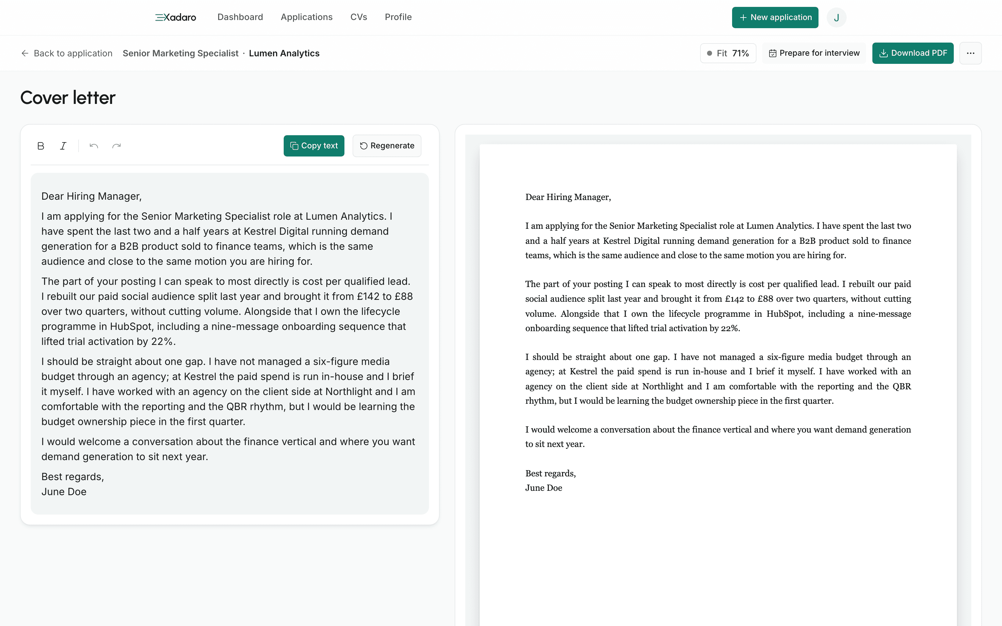 The drafted cover letter in its editor beside a live preview, with the interview questions the same posting produced