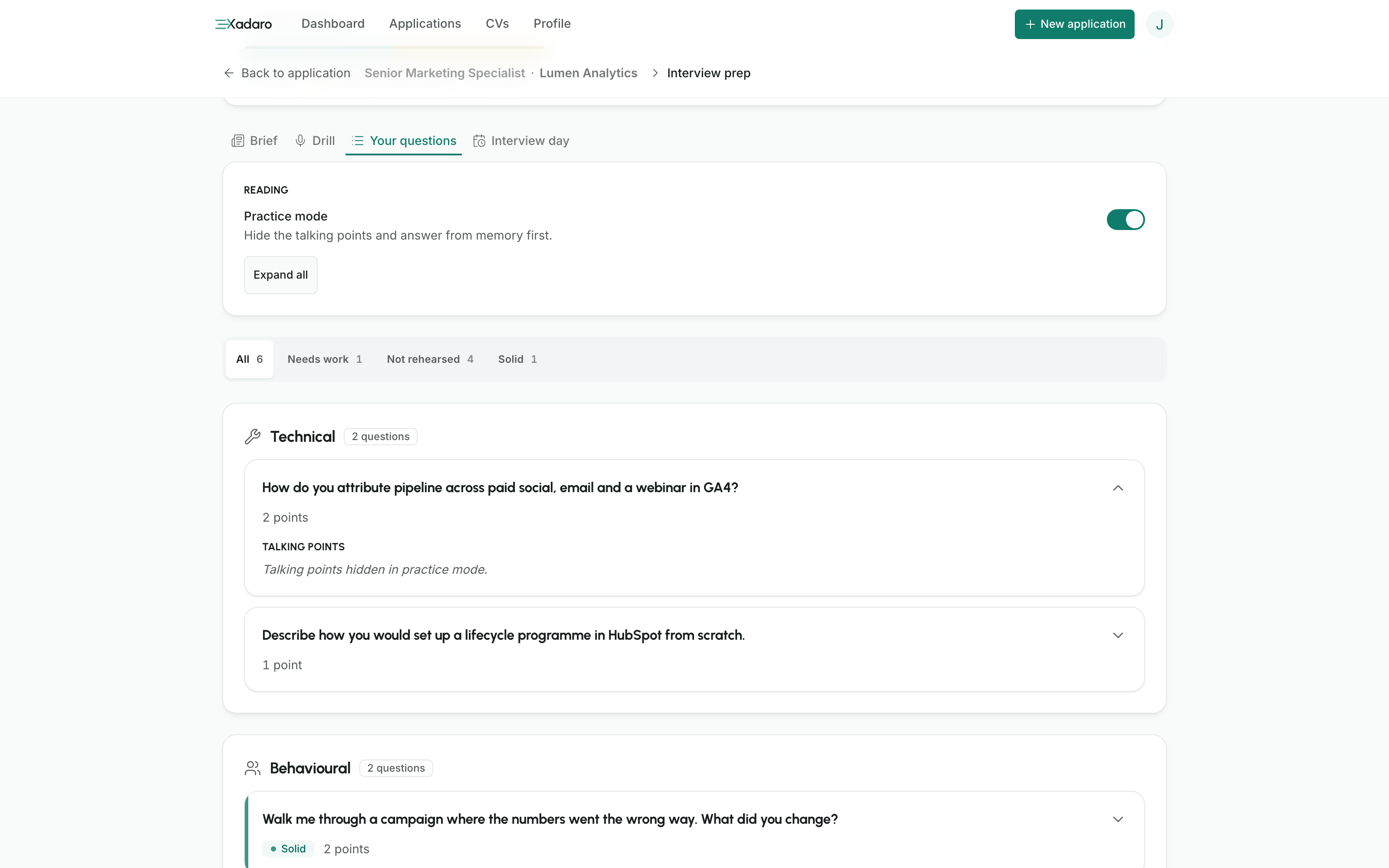 Practice mode switched on, so the talking points stay hidden behind each question until you ask for them