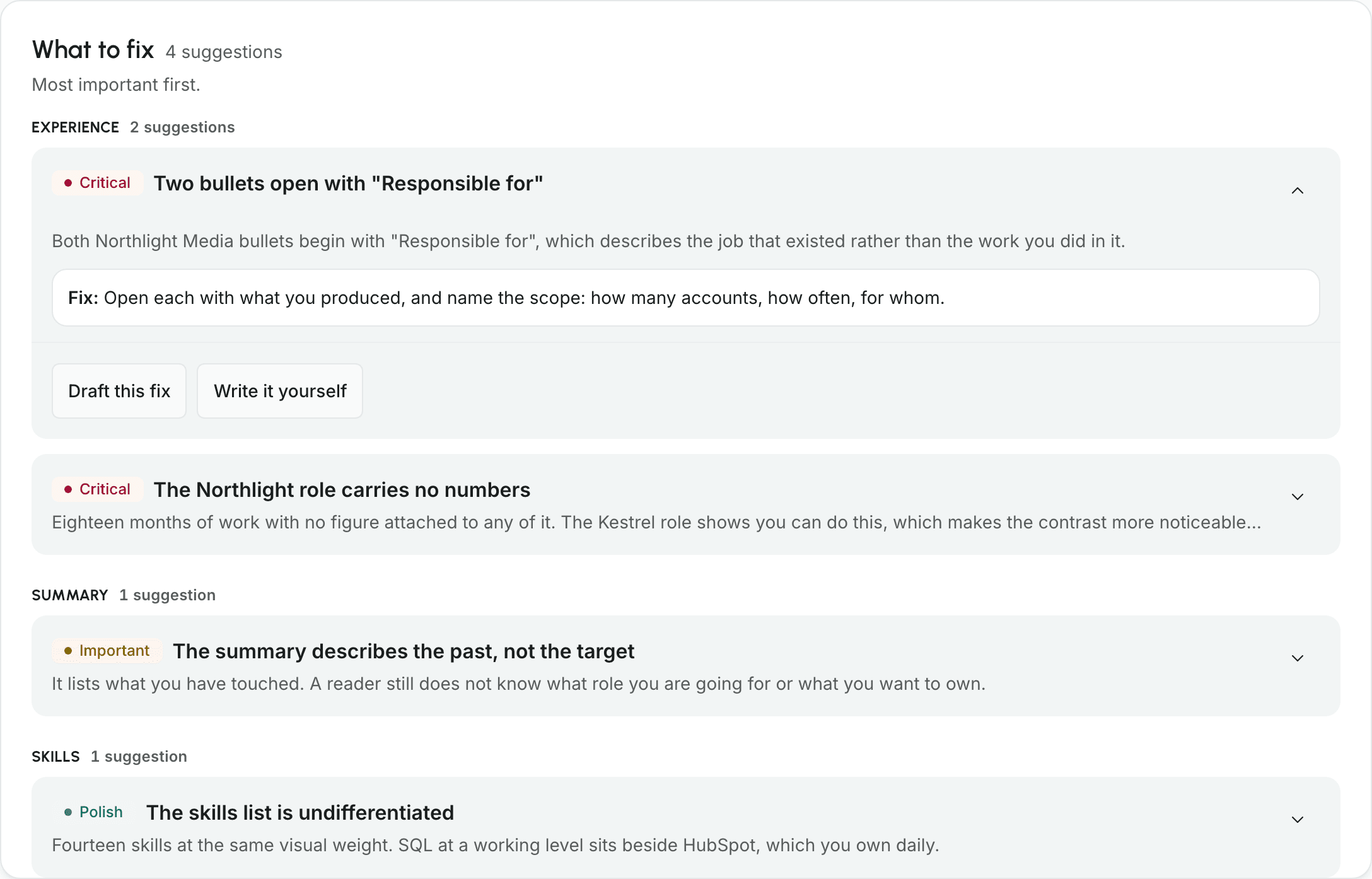 The findings list, each one naming the section it applies to, what is wrong and how to fix it