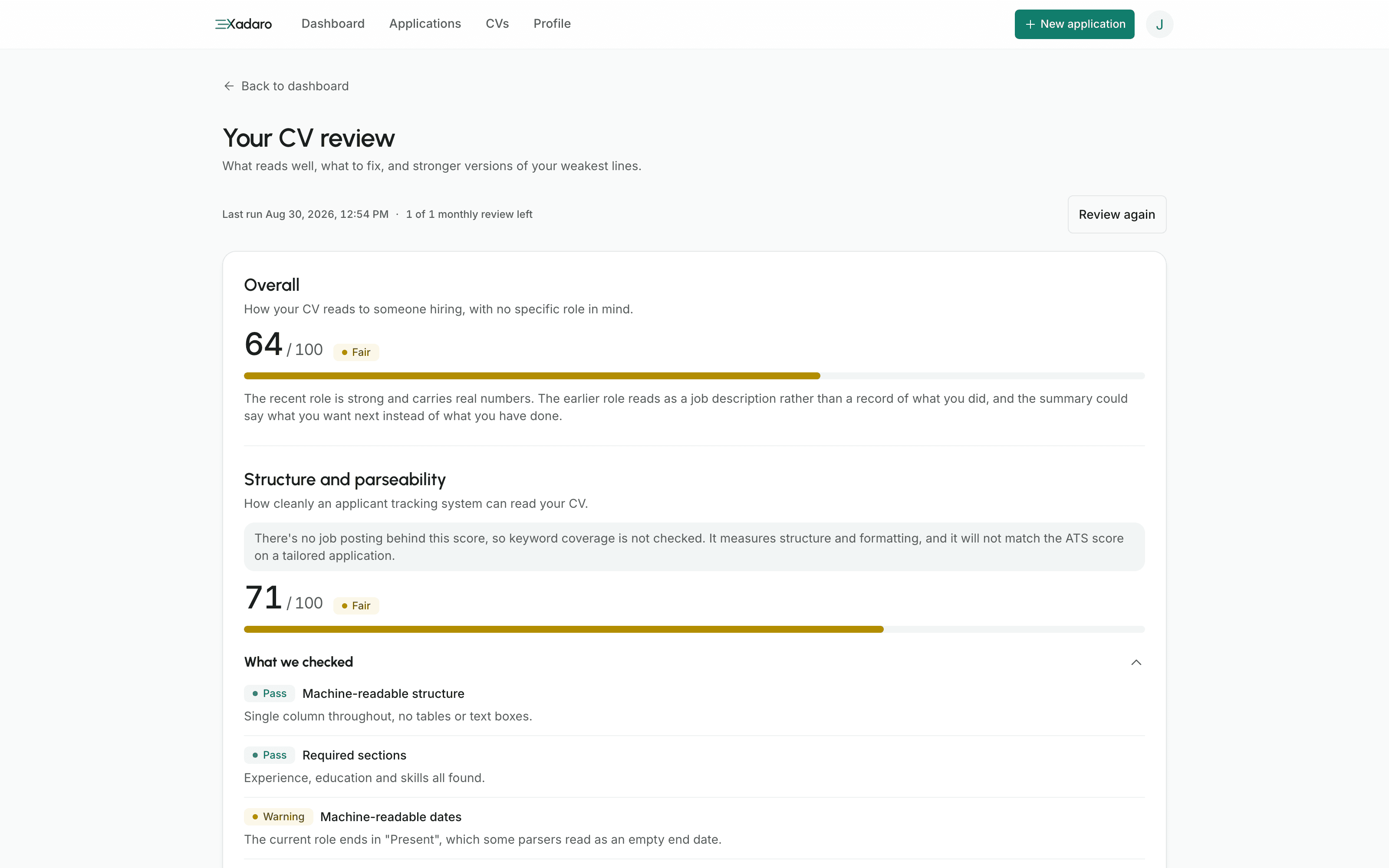 A finished review scoring 64 out of 100 overall and 71 for ATS readability, with the individual checks and the findings under them