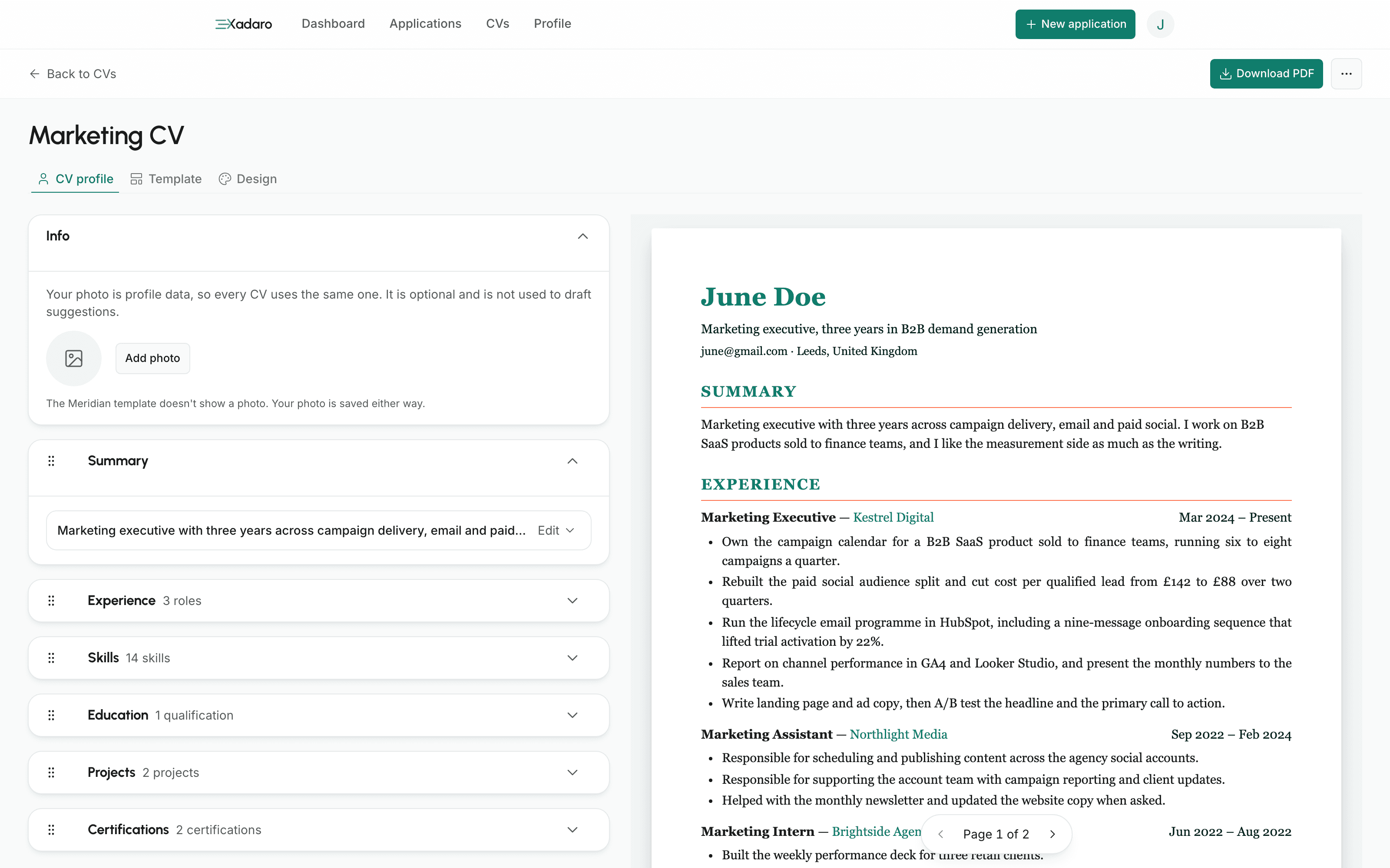 The Studio editor with the CV sections on the left and a live A4 preview of the document on the right
