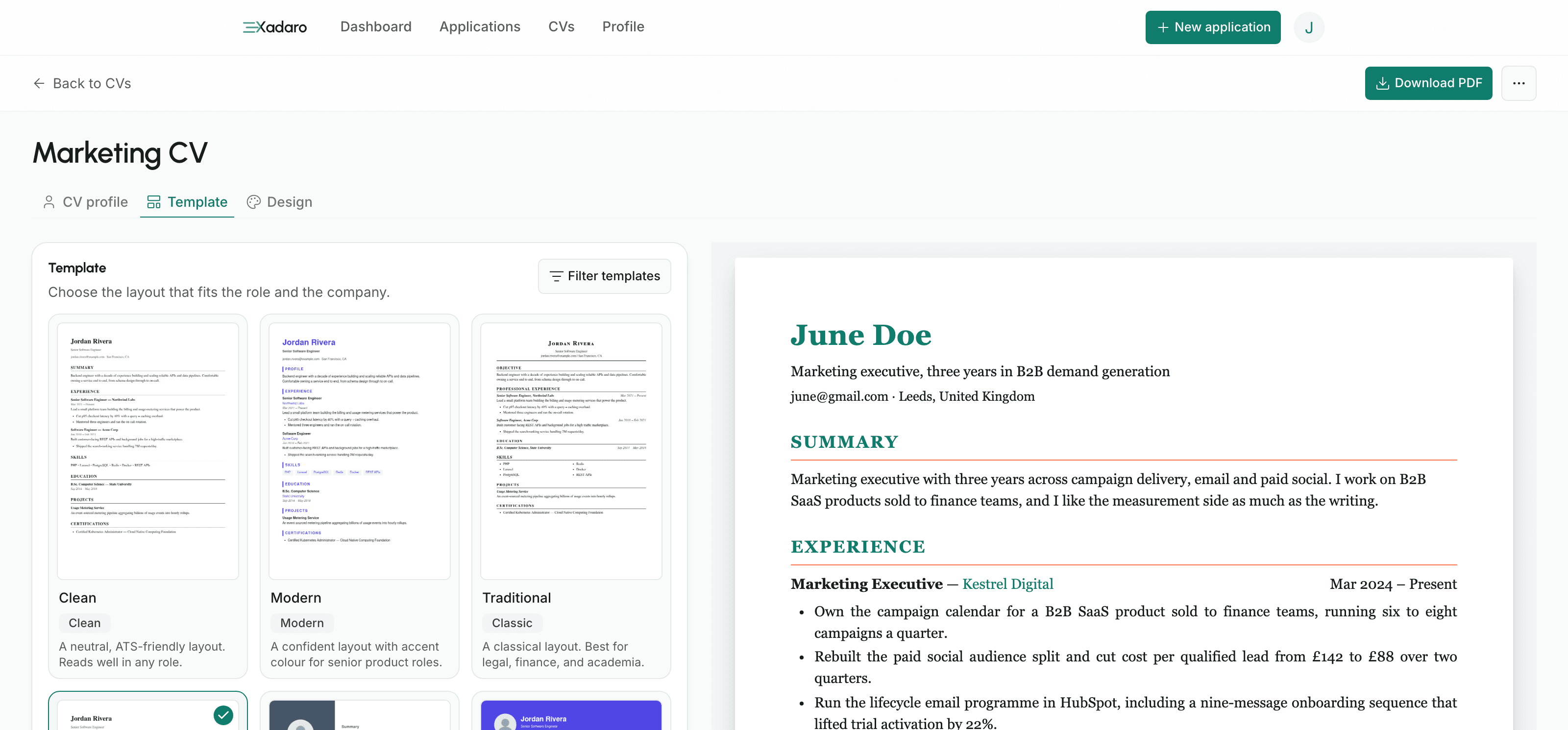The template gallery with one template selected, and the CV preview beside it in a saved colour theme